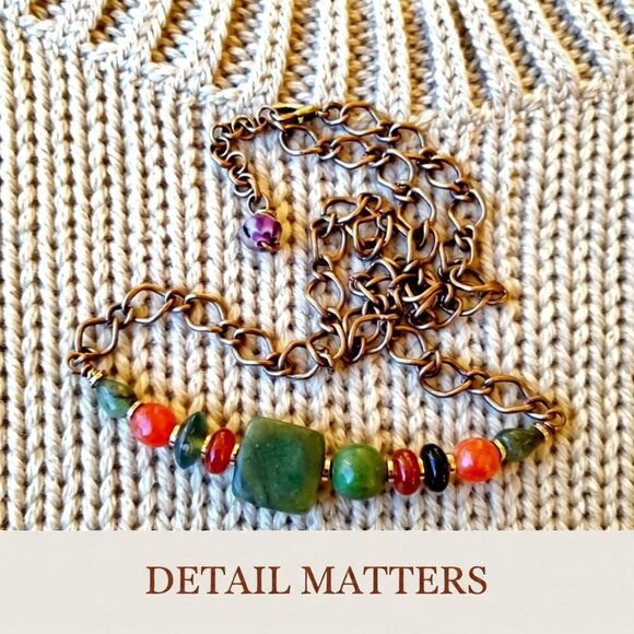 Hand Crafted Jewelry - Handmade Asymmetrical Choker! Semi-Precious Stone Beads + Copper! Fall Colors!